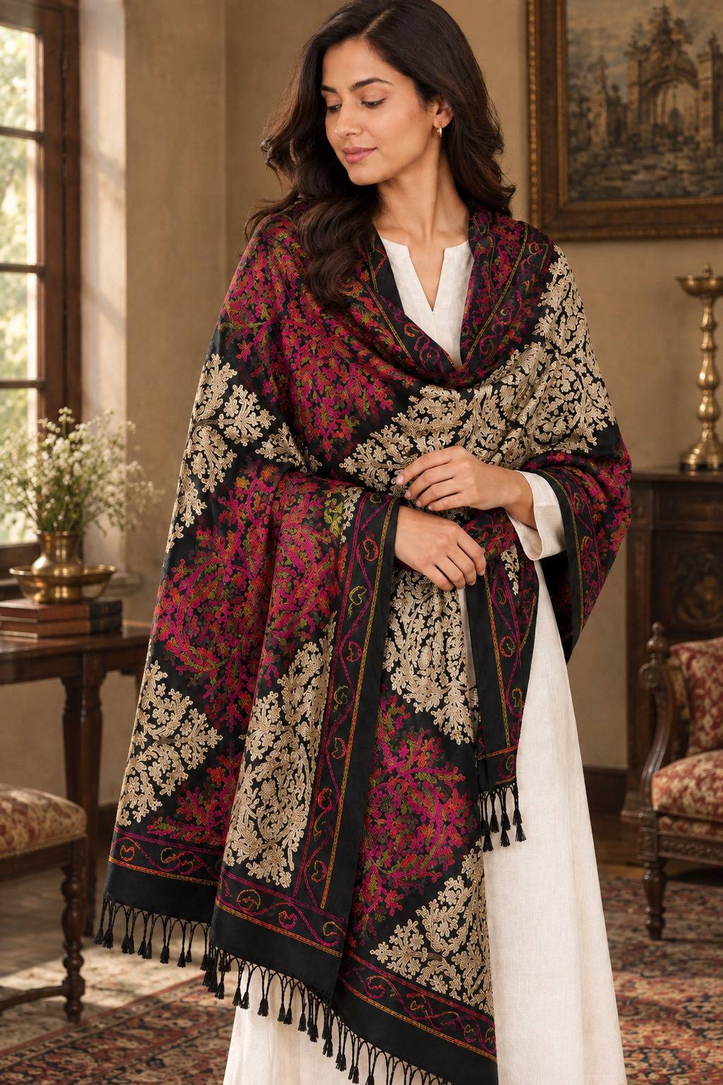 Floral Paisley Cashmere Merino Wool Embroidered Stole