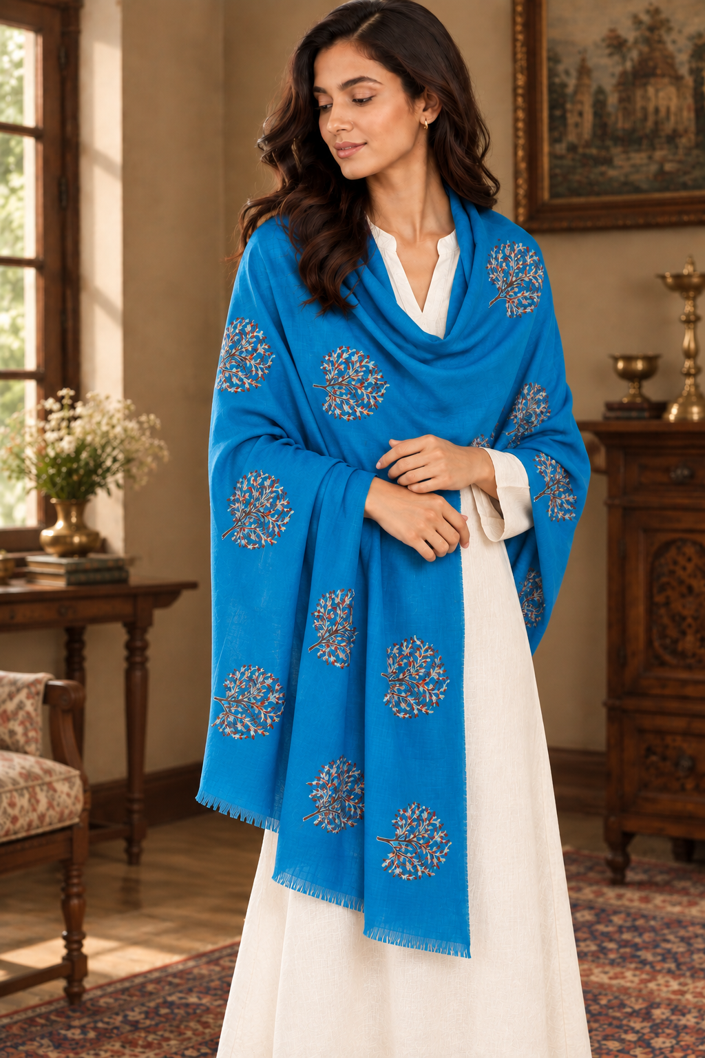 Whispering Trees Cashmere Merino Wool Embroidered Stole