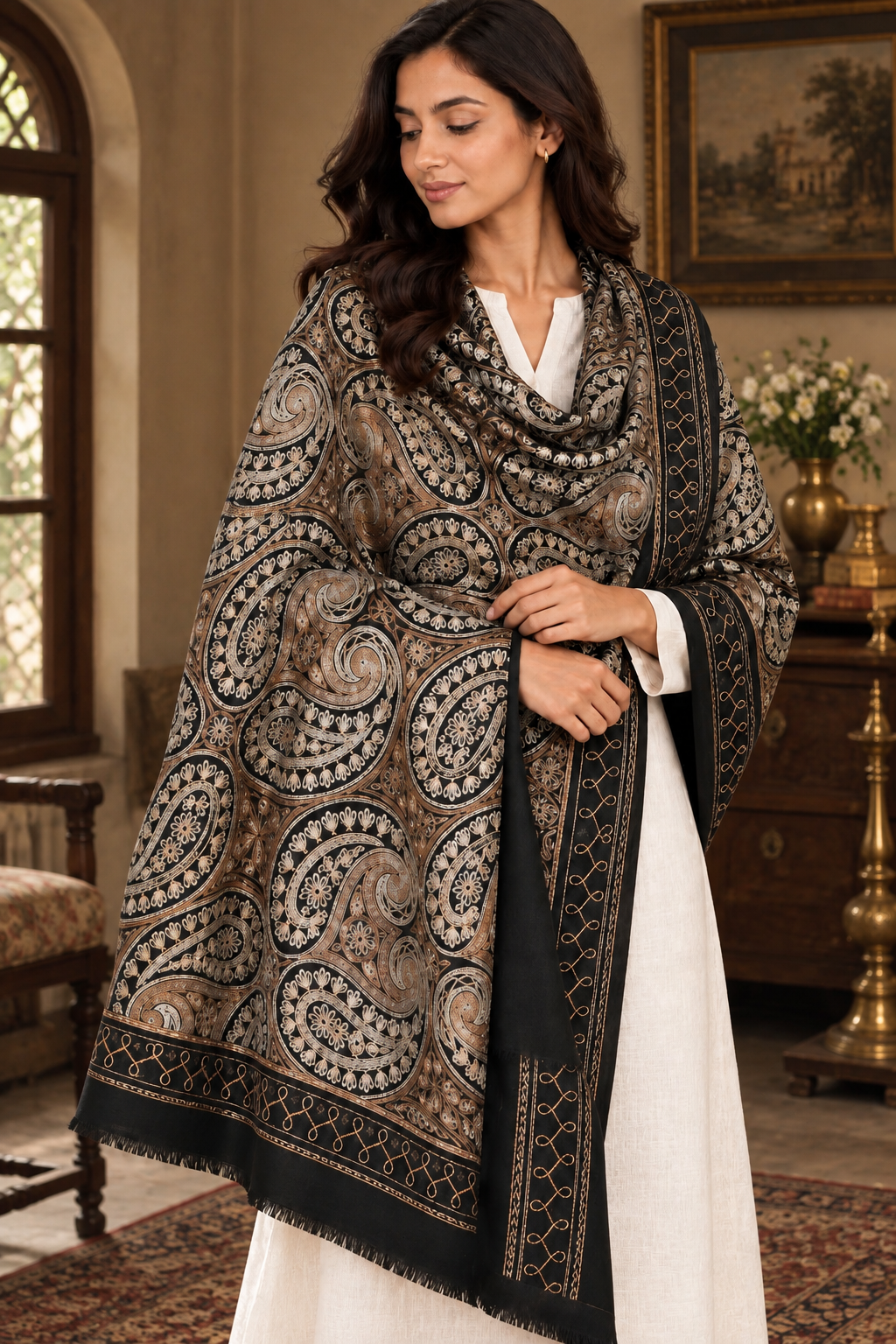 Heritage Paisley Cashmere Merino Wool Embroidered Stole