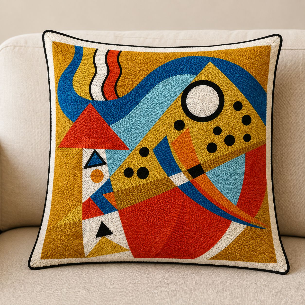 Cushion Cover | Handmade | Modern Art Collection | Chain Stitch Embroidery | 16 by 16