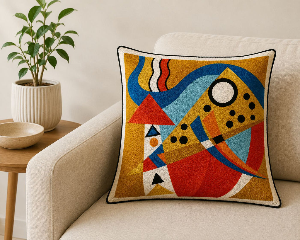 Cushion Cover | Handmade | Modern Art Collection | Chain Stitch Embroidery | 16 by 16