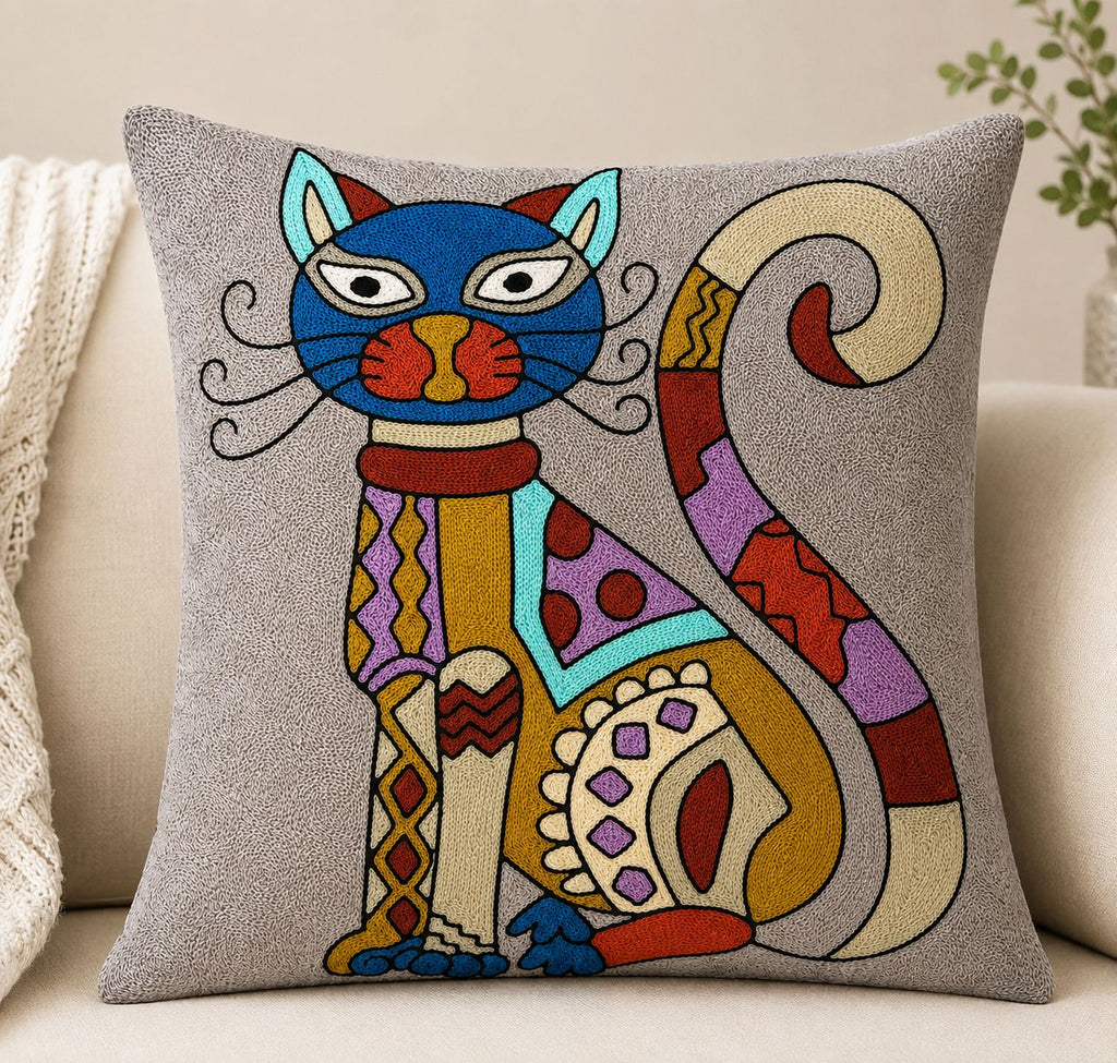 Cushion Cover | Handmade |  Modern Art Collection | Chain Stitch Embroidery | 16 by 16