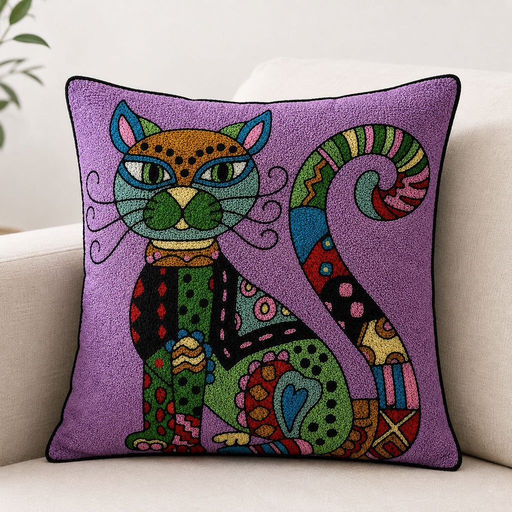 Cushion Cover | Handmade |  Modern Art Collection | Chain Stitch Embroidery | 16 by 16