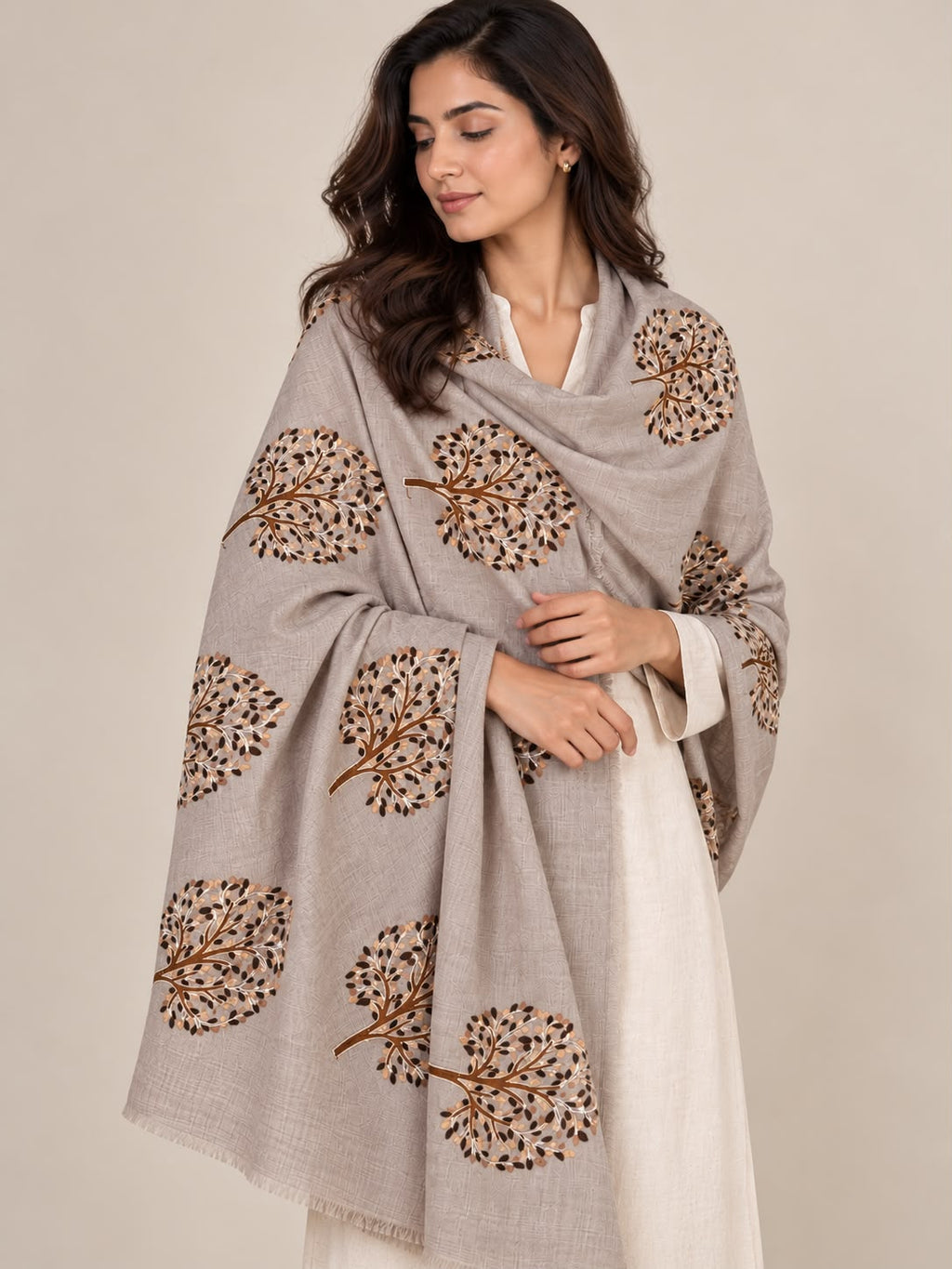 Cashmere Merino Wool Stole –  Ivory Botanical
