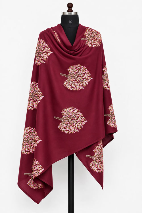 Cashmere Merino Wool Stole – Maroon Botanical