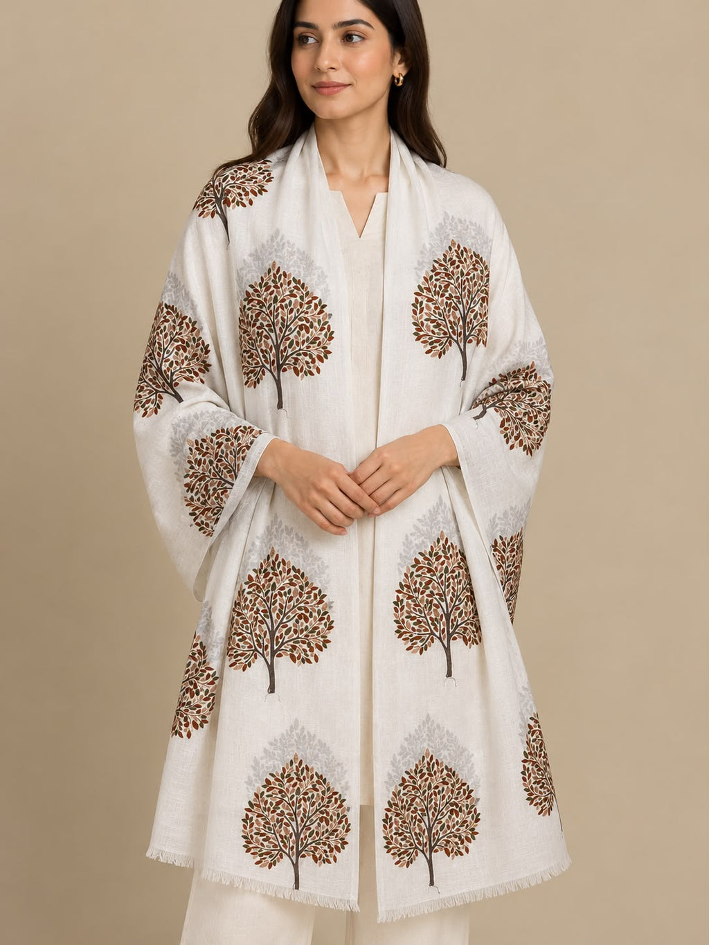 Cashmere Merino Wool Stole –  Ivory Botanical