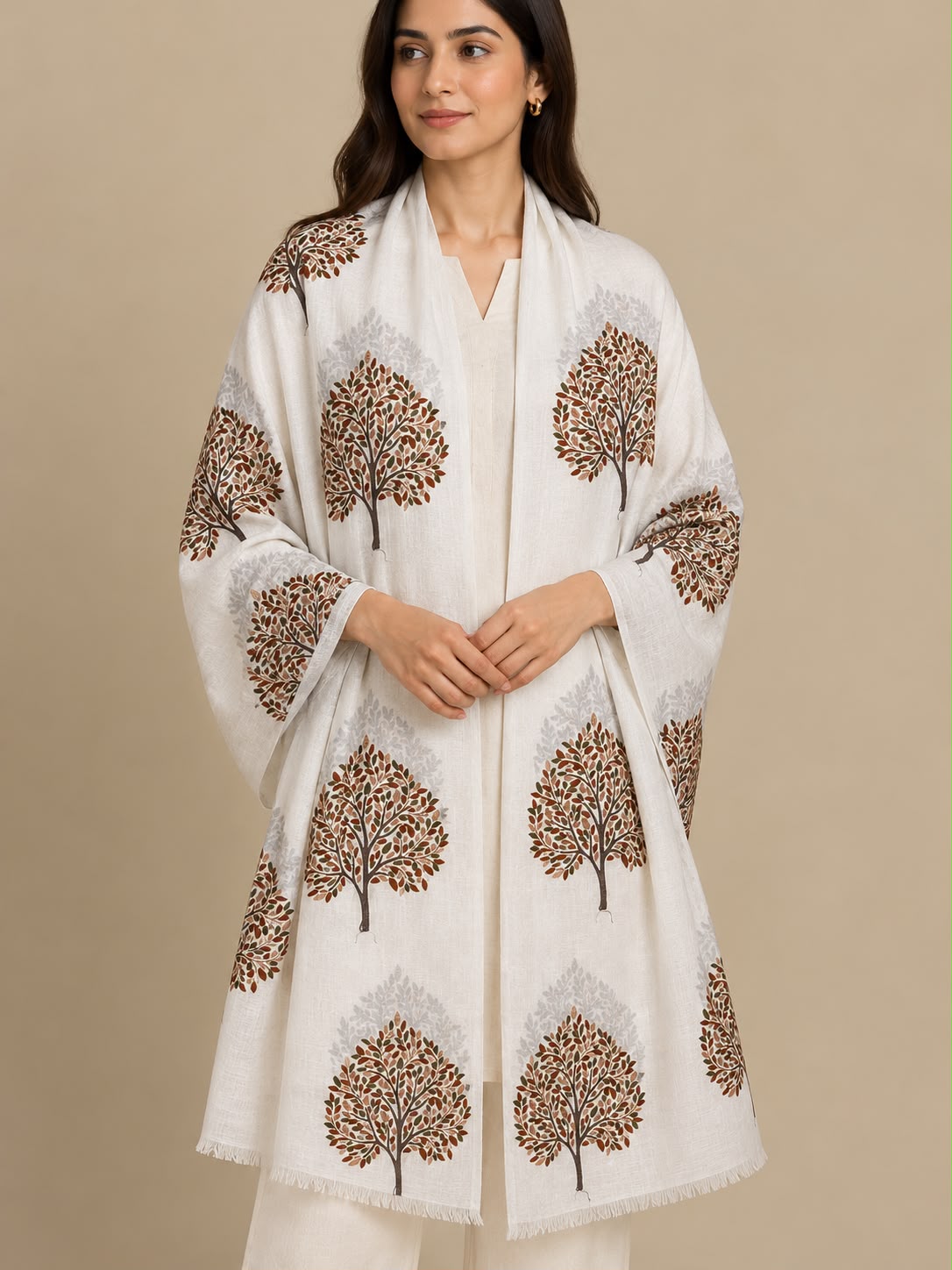 Cashmere Merino Wool Stole –  Ivory Botanical