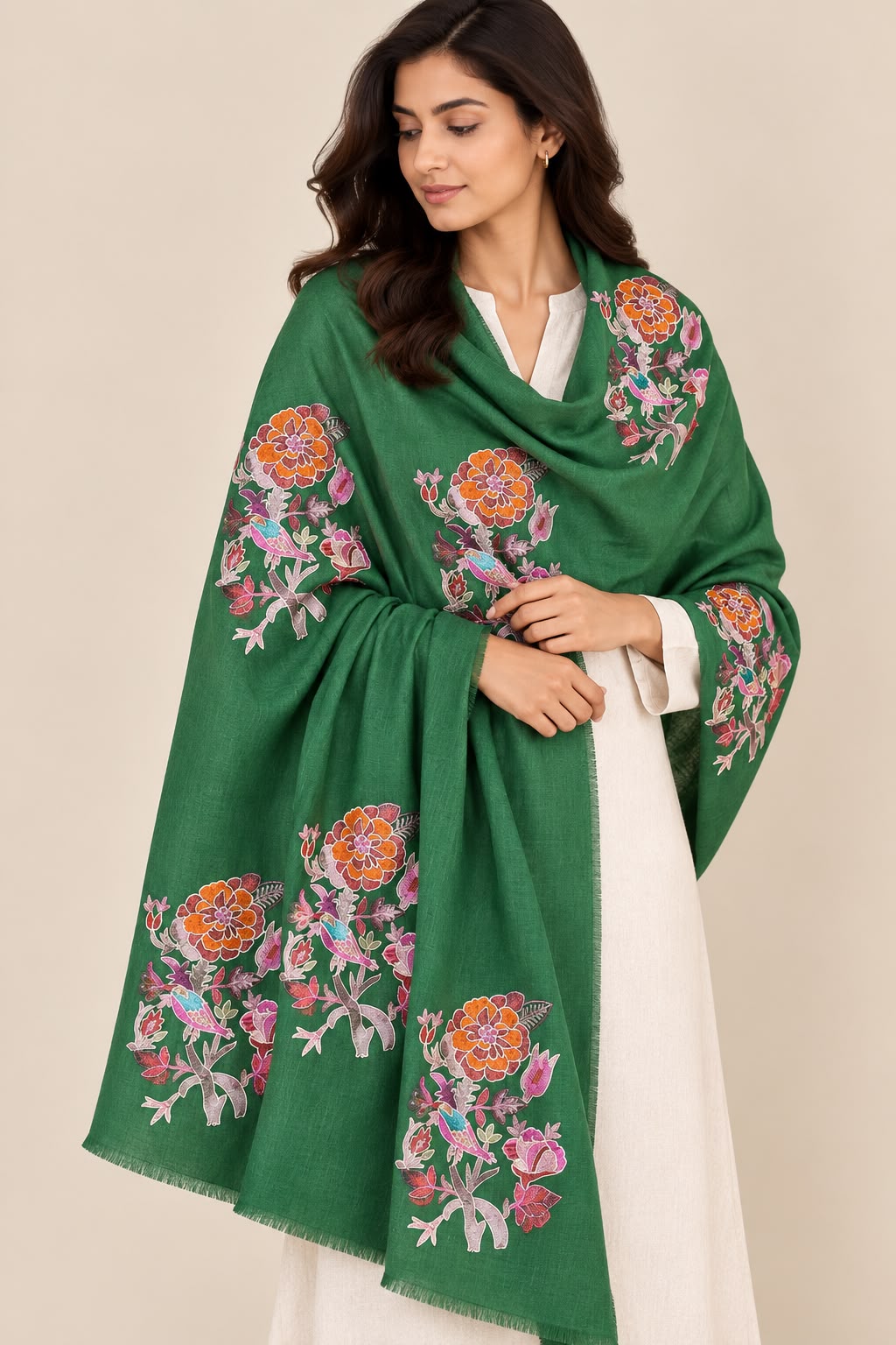 Midnight Bloom -  Cashmere Merino Wool Embroidered Stole