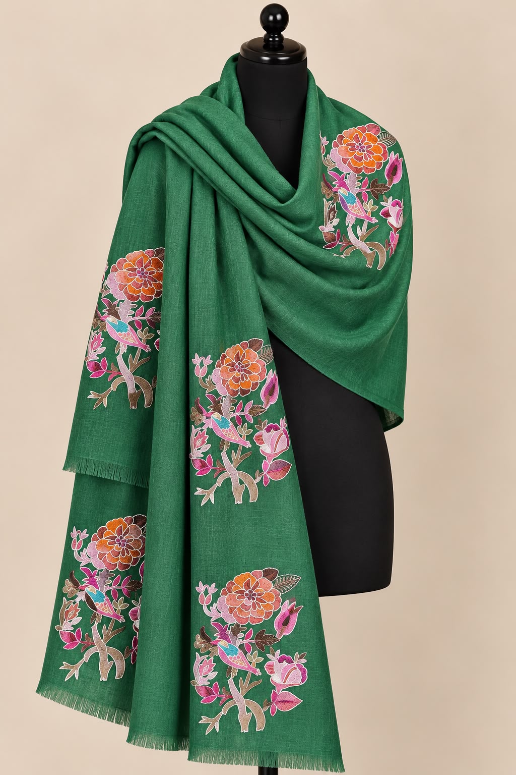Midnight Bloom -  Cashmere Merino Wool Embroidered Stole