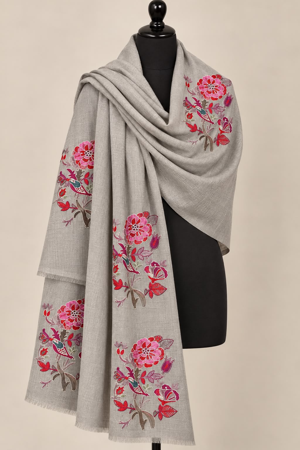 Whispers of Winter - Cashmere Merino Wool Embroidered Stole