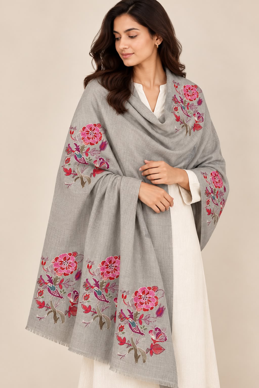 Whispers of Winter - Cashmere Merino Wool Embroidered Stole