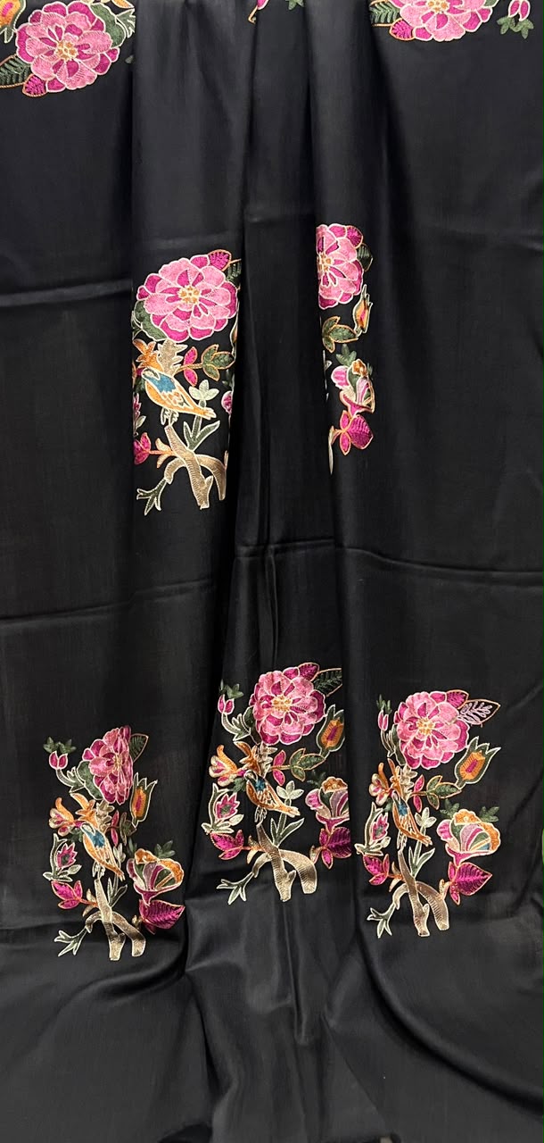 Midnight Bloom -  Cashmere Merino Wool Embroidered Stole