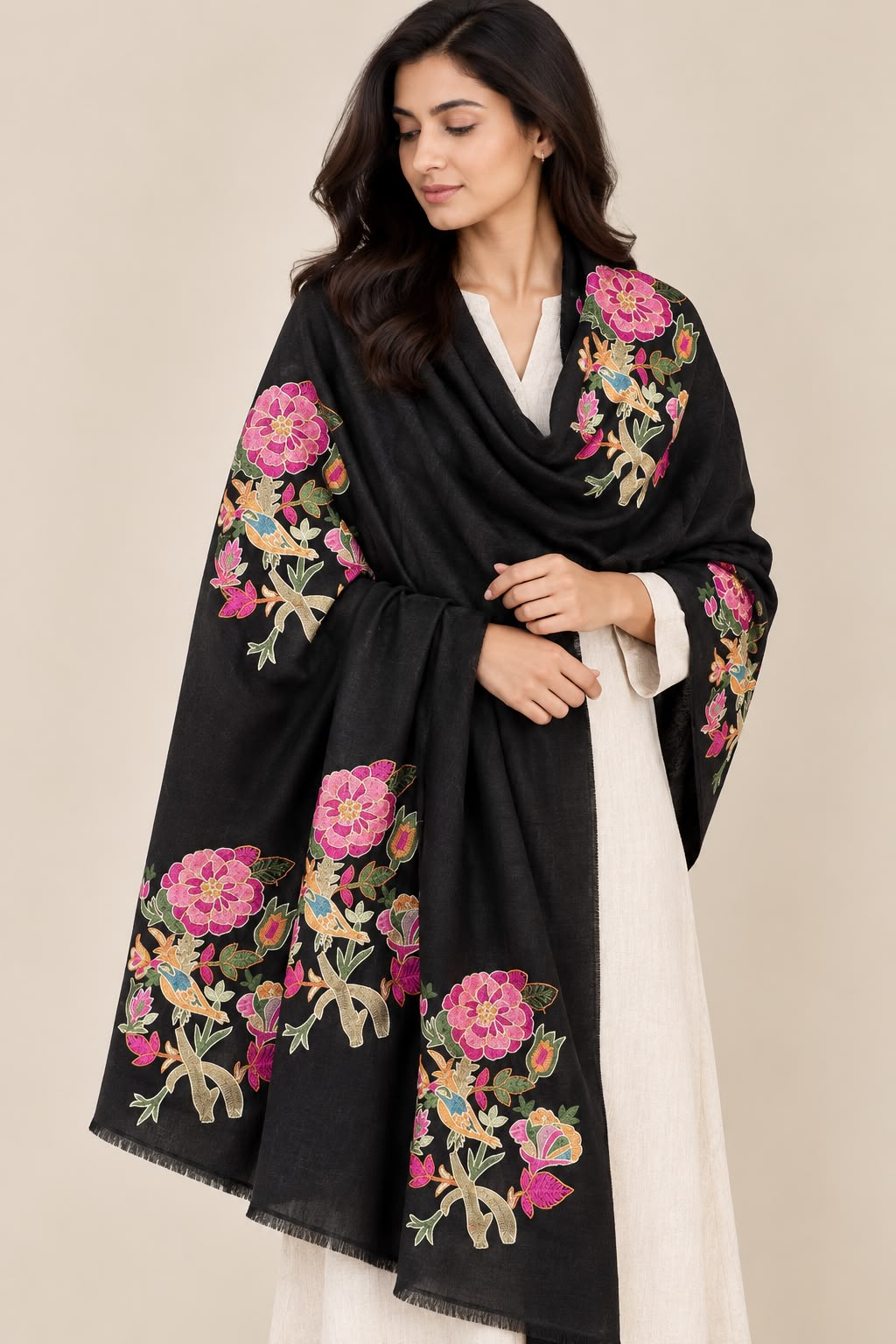 Midnight Bloom -  Cashmere Merino Wool Embroidered Stole