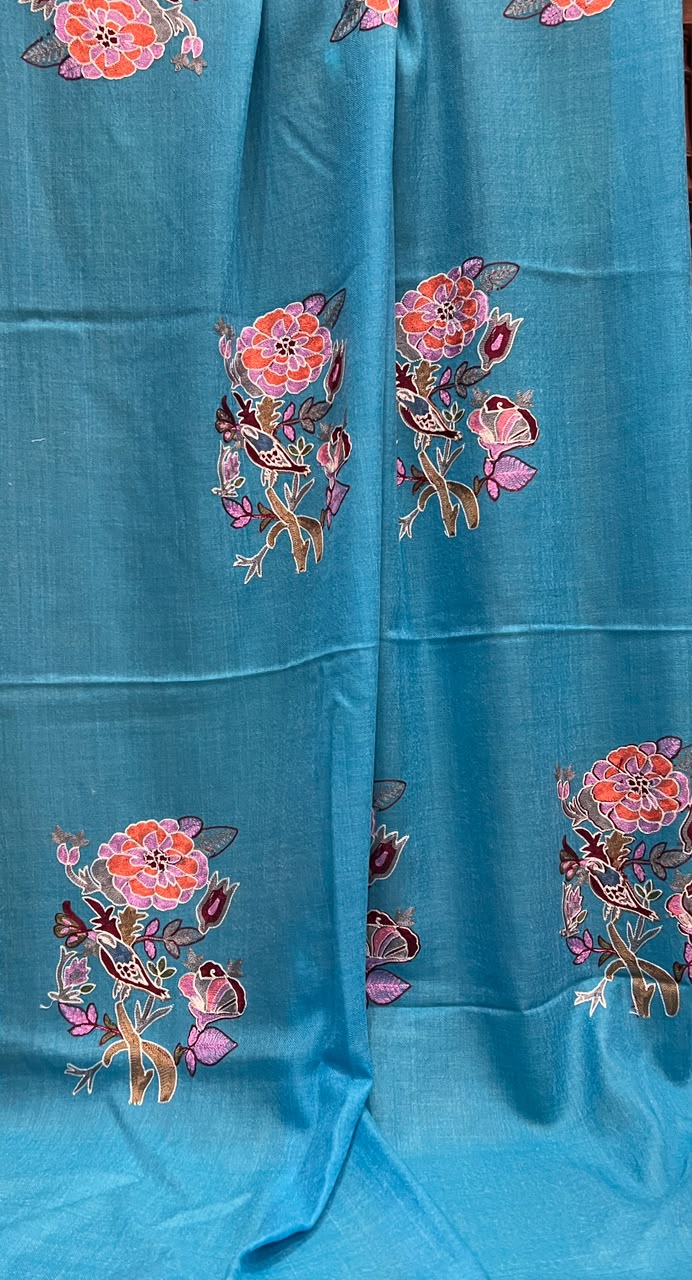 Azure Bloom Turquoise Cashmere Merino Wool Floral Embroidered Stole