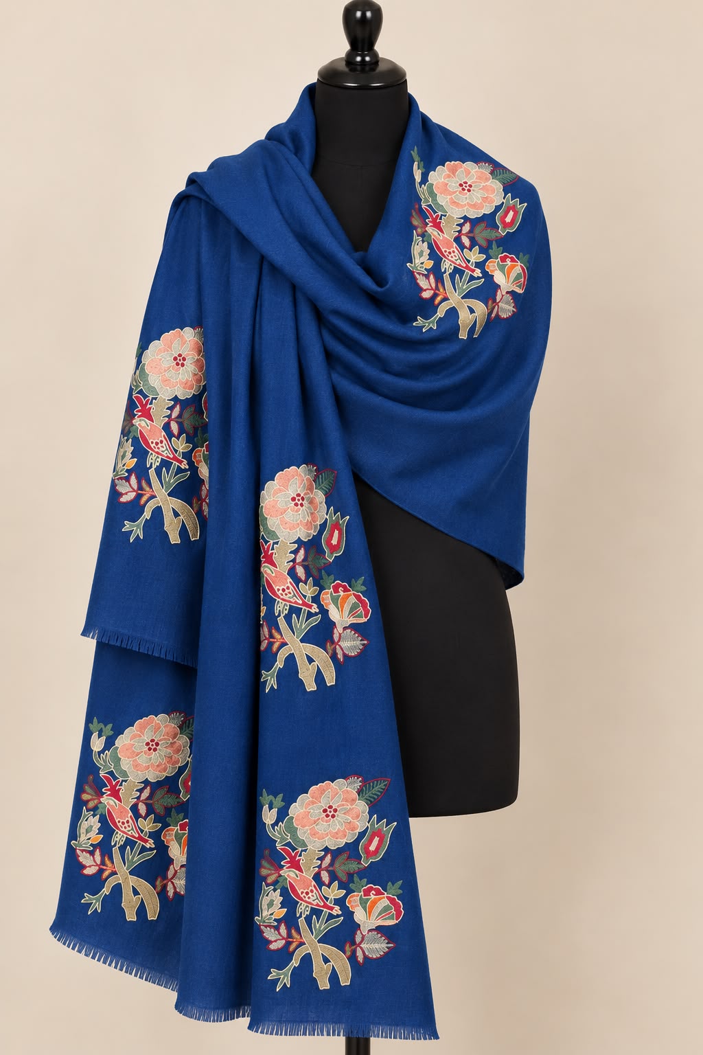 Midnight Bloom -  Cashmere Merino Wool Embroidered Stole