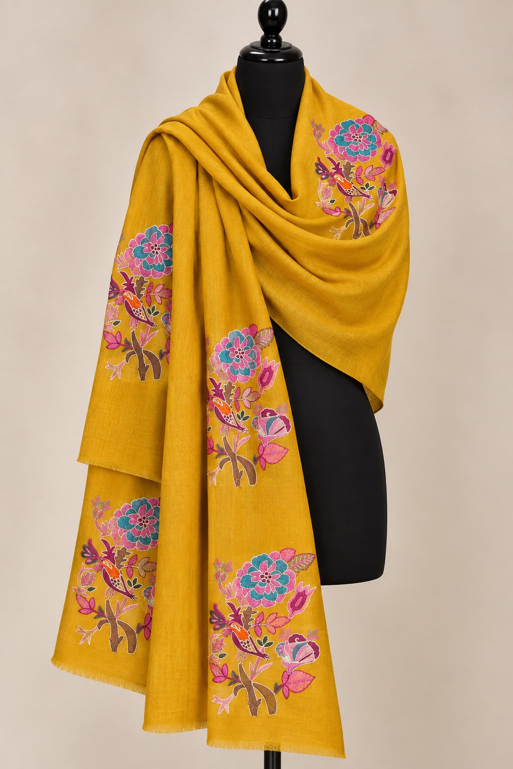 Golden Bloom - Cashmere Merino Wool Embroidered Stole