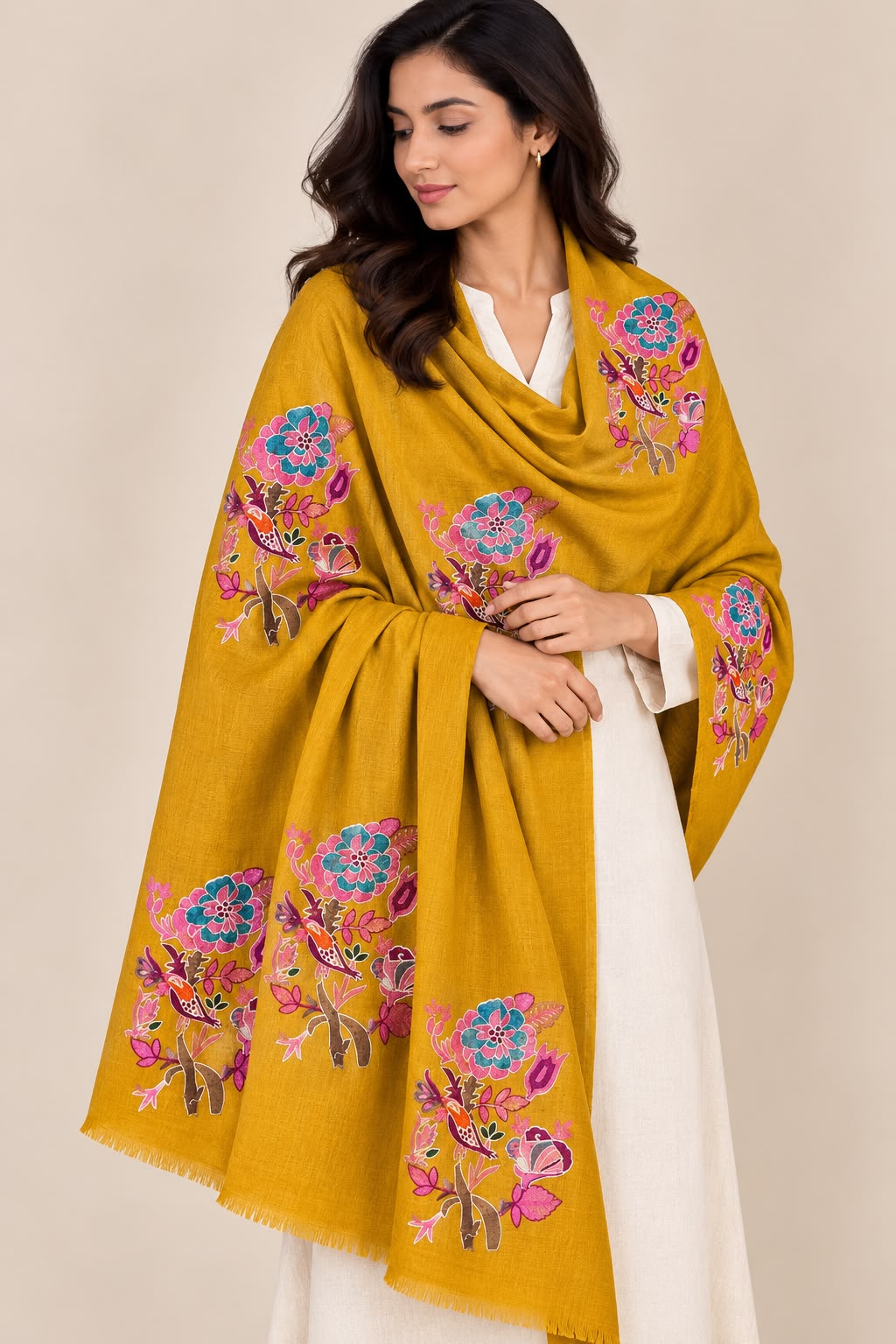 Golden Bloom - Cashmere Merino Wool Embroidered Stole