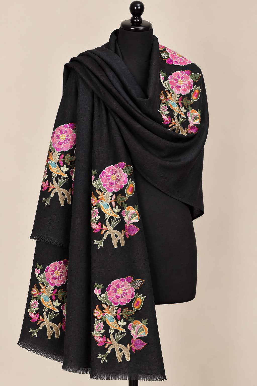 Midnight Bloom -  Cashmere Merino Wool Embroidered Stole