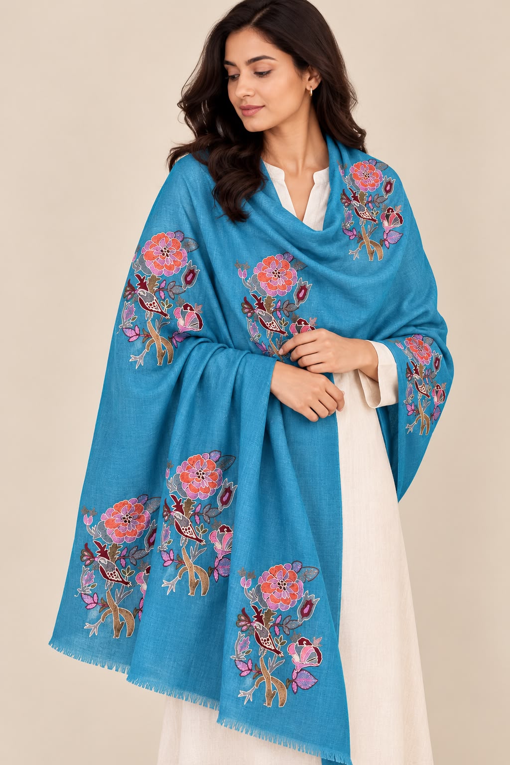 Azure Bloom Turquoise Cashmere Merino Wool Floral Embroidered Stole