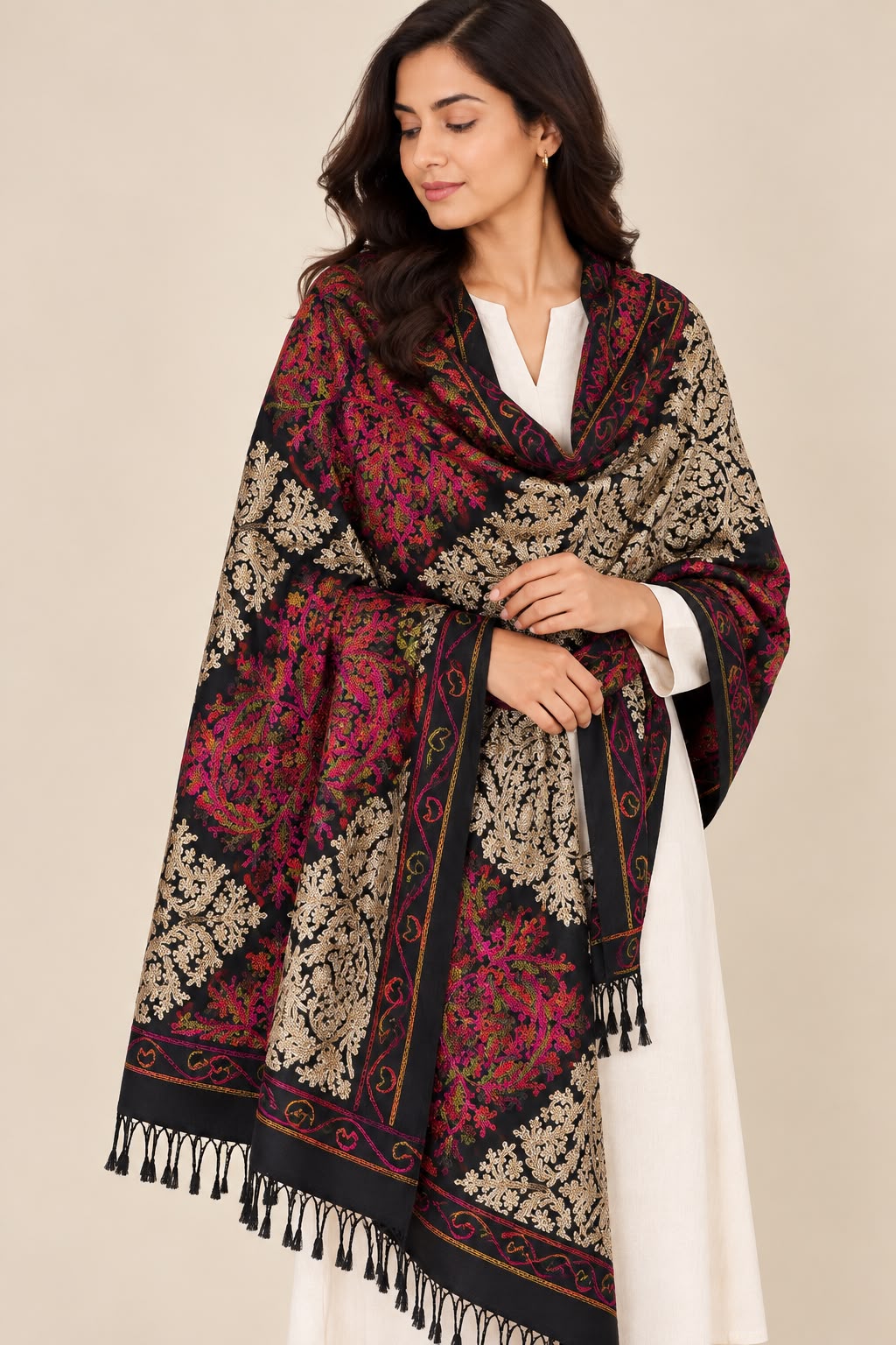 Floral Paisley Cashmere Merino Wool Embroidered Stole