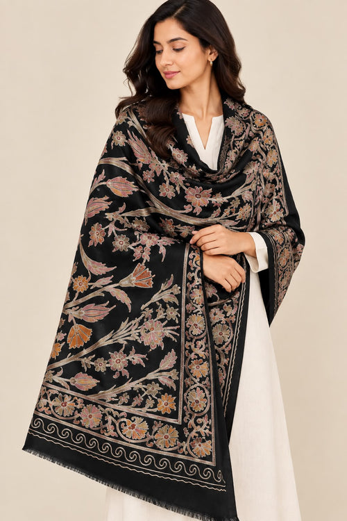 Floral Black Cashmere Merino Wool Embroidered Stole