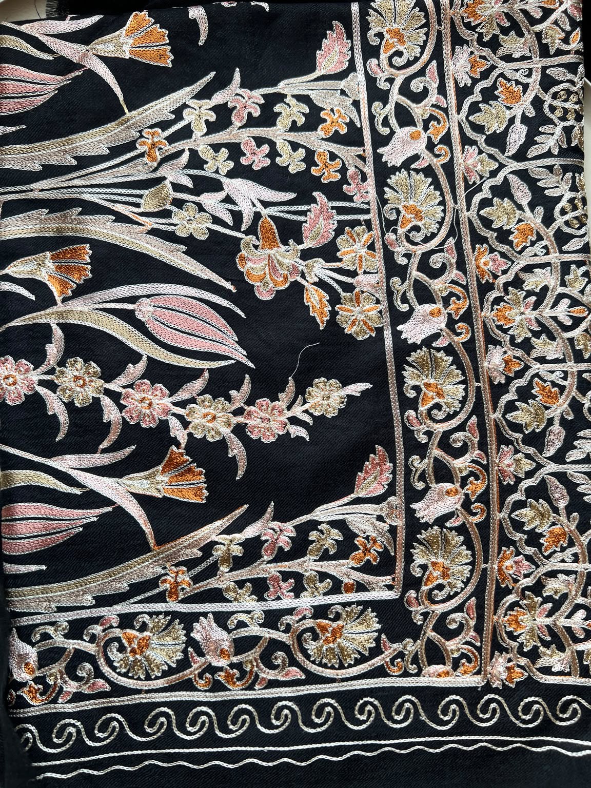 Floral Black Cashmere Merino Wool Embroidered Stole