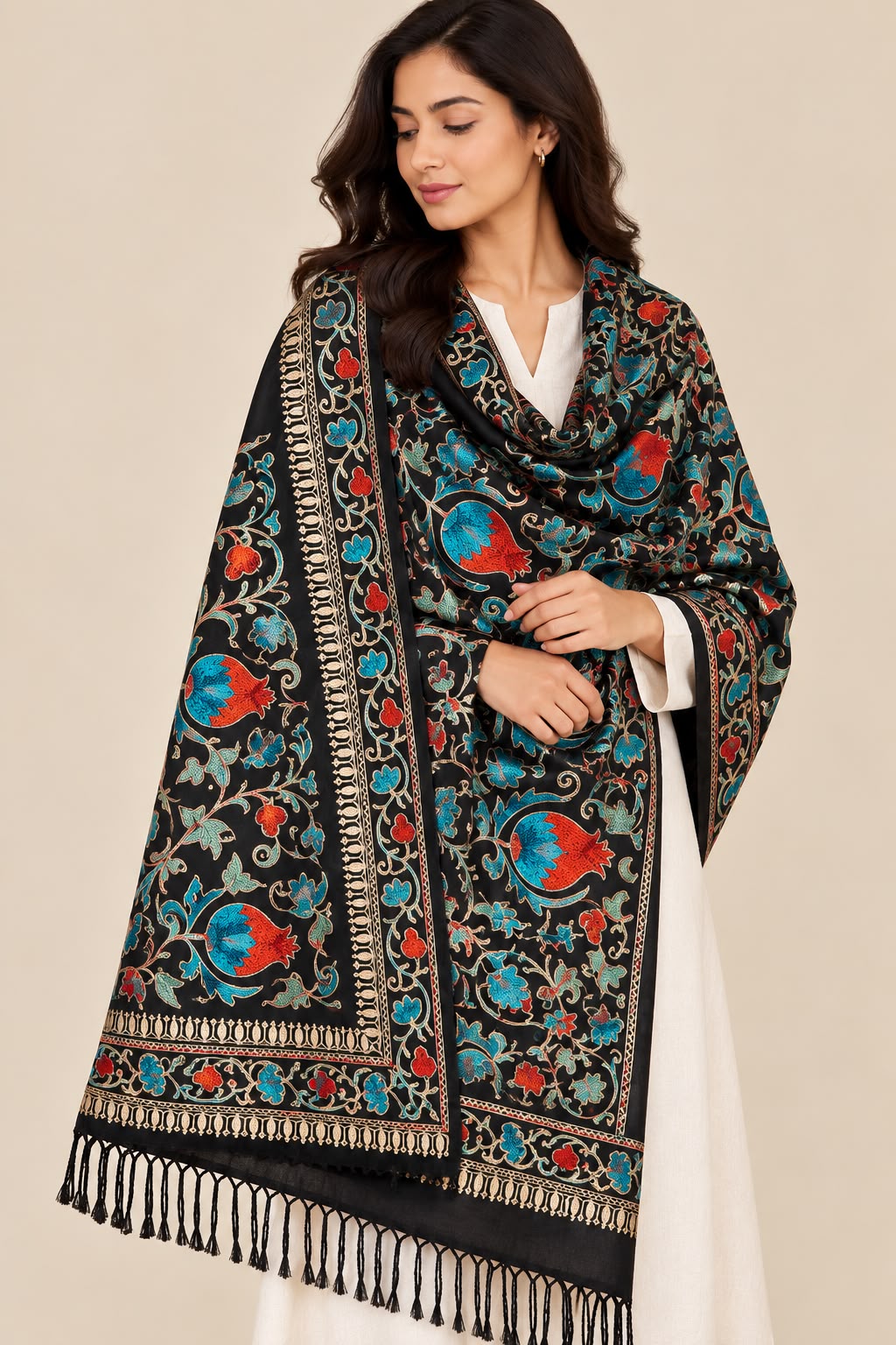 Midnight Garden Cashmere Merino Wool Embroidered Stole