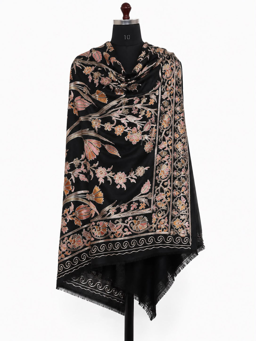Floral Black Cashmere Merino Wool Embroidered Stole