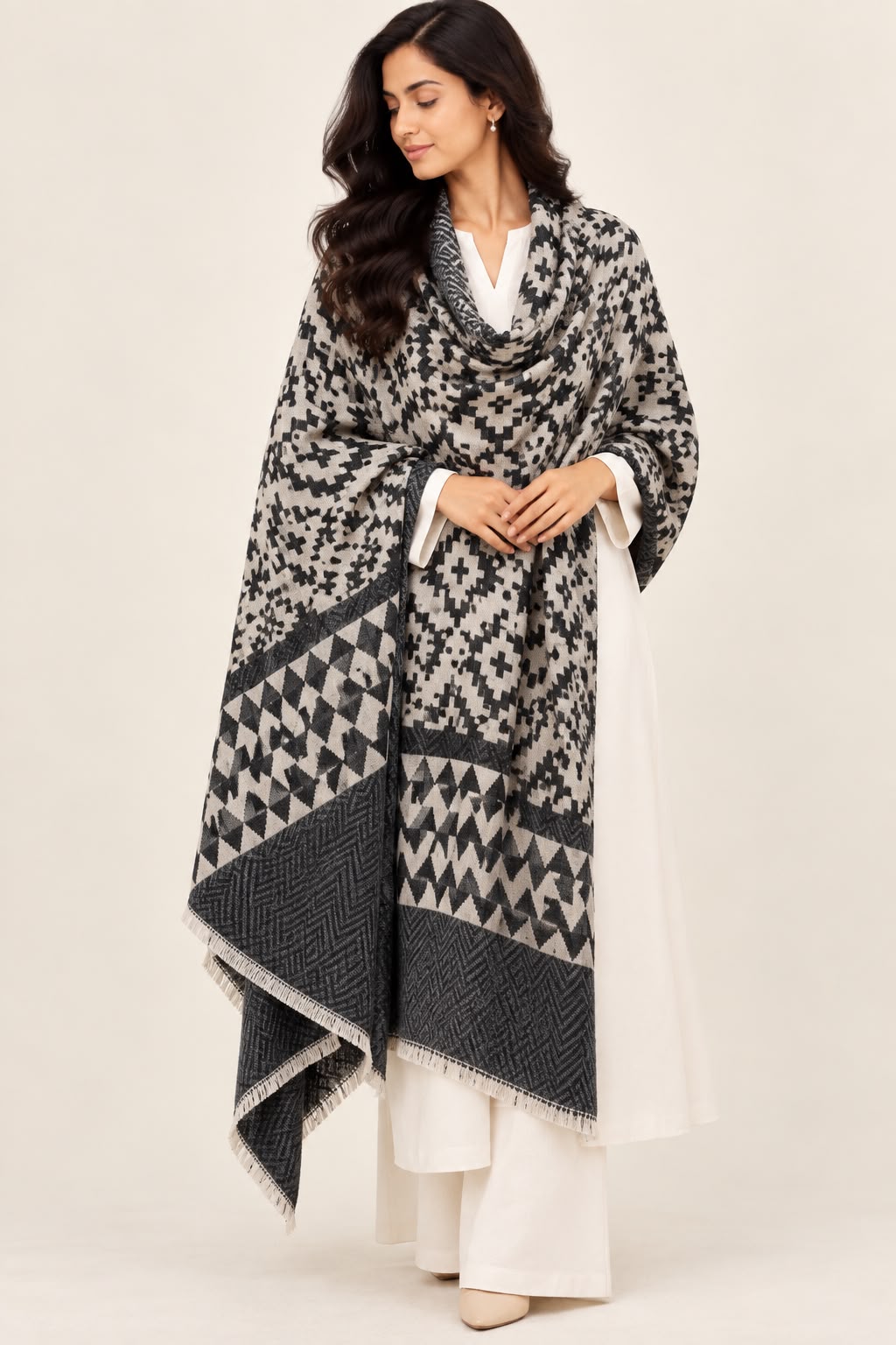 Ikkat Cashmere Merino Wool Embroidered Stole