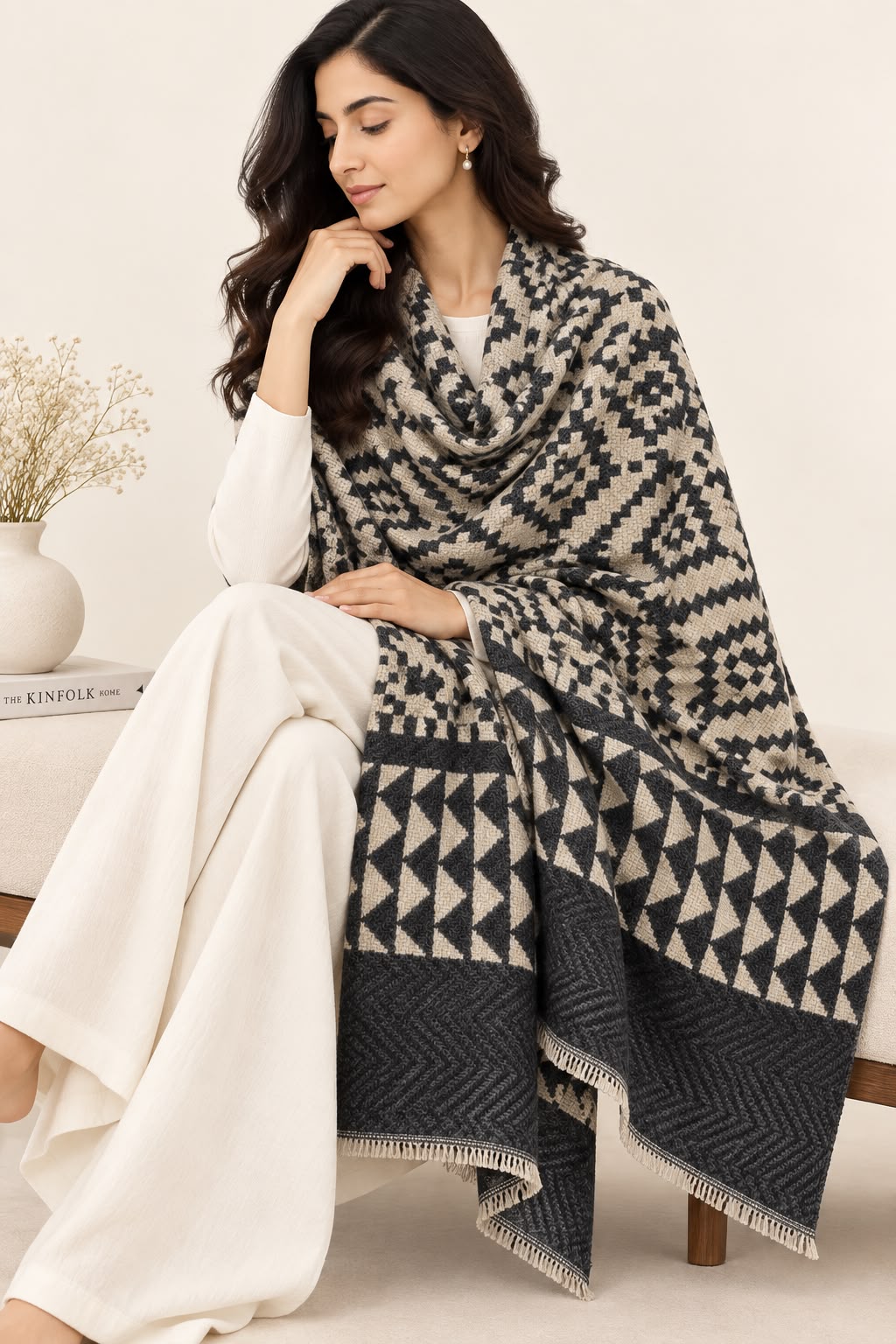 Ikkat Cashmere Merino Wool Embroidered Stole