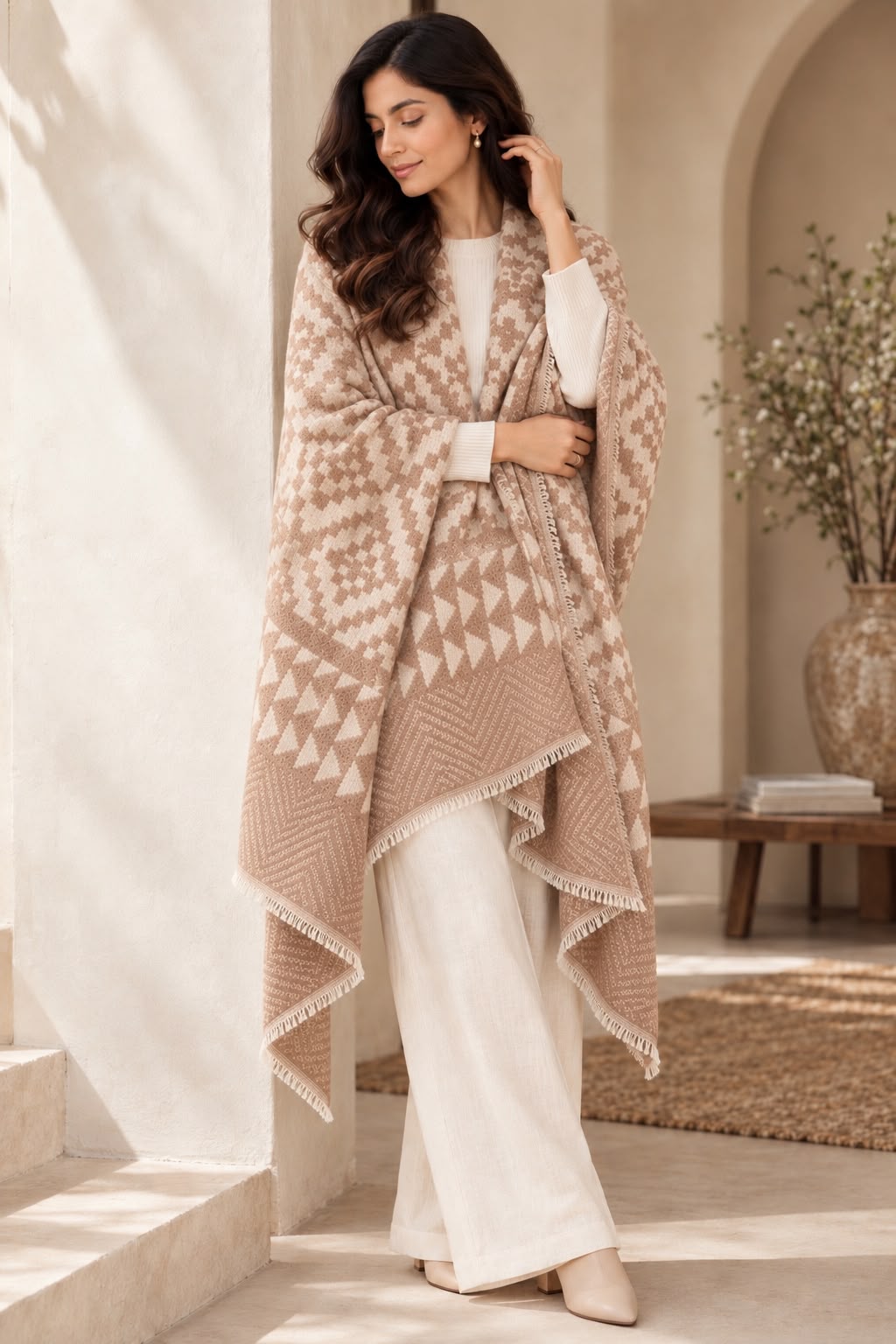 Ikkat Cashmere Merino Wool Embroidered Stole
