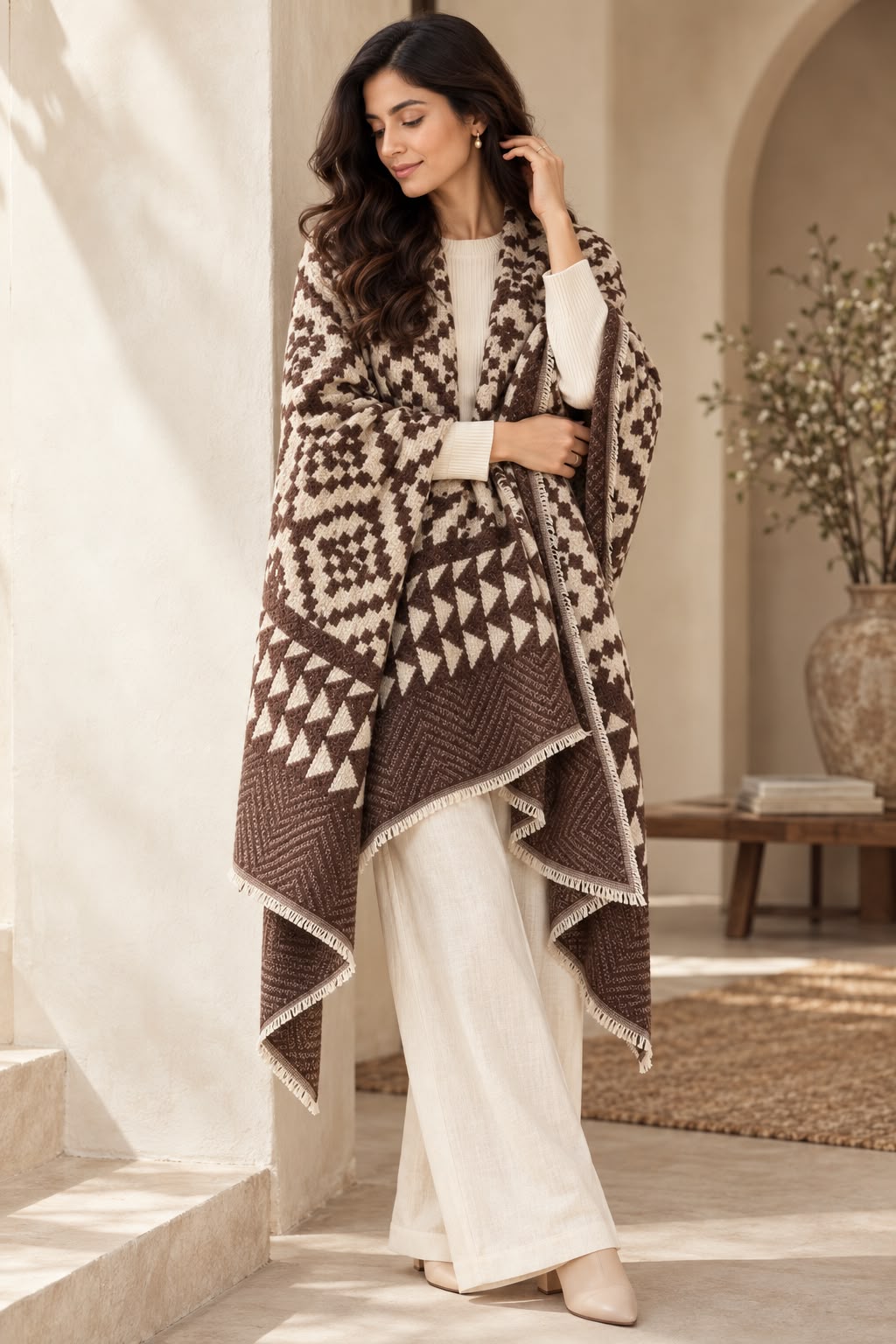Ikkat Cashmere Merino Wool Embroidered Stole