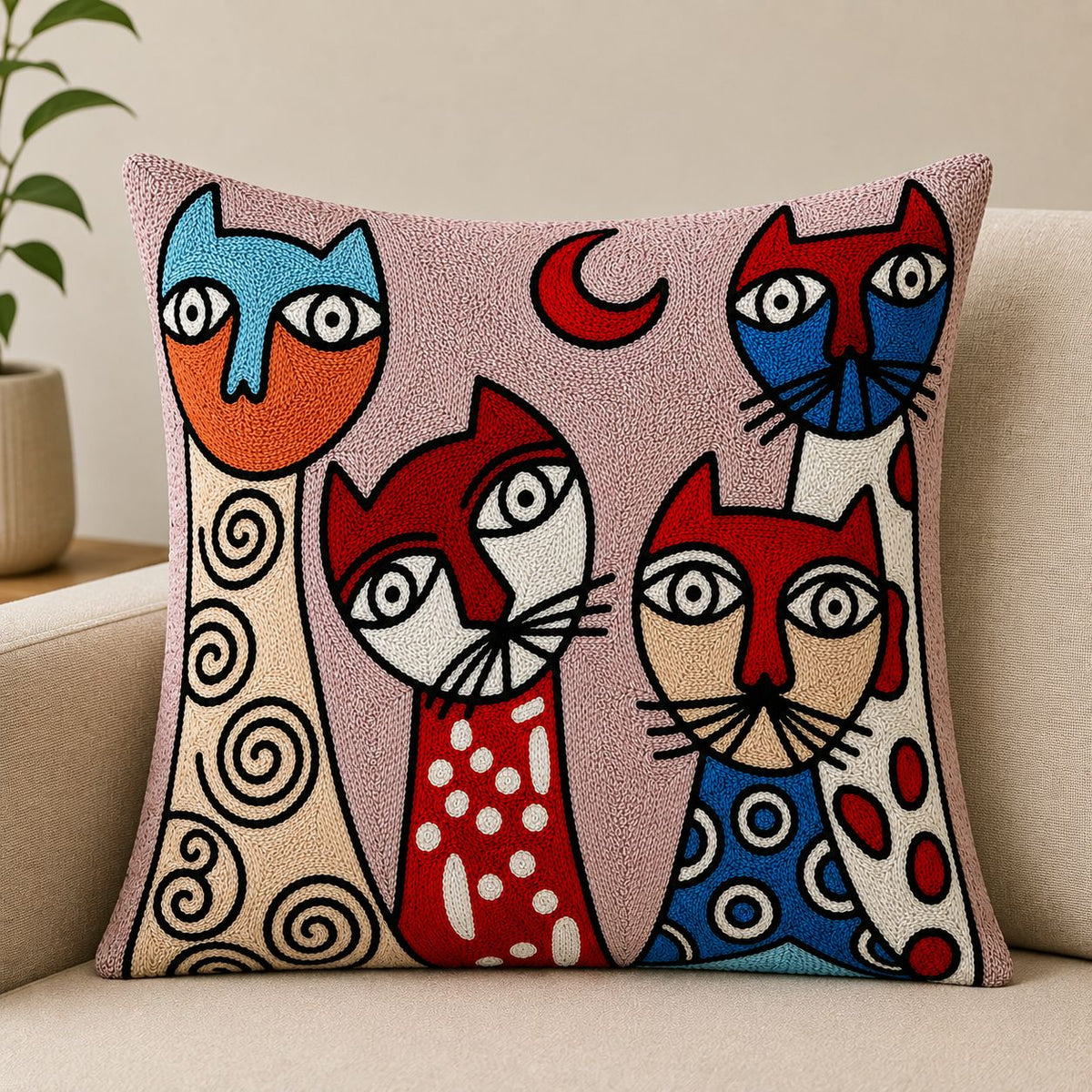 Cushion Cover | Handmade |  Modern Art Collection | Chain Stitch Embroidery | 16 by 16