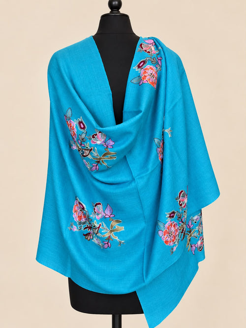 Azure Bloom Turquoise Cashmere Merino Wool Floral Embroidered Stole
