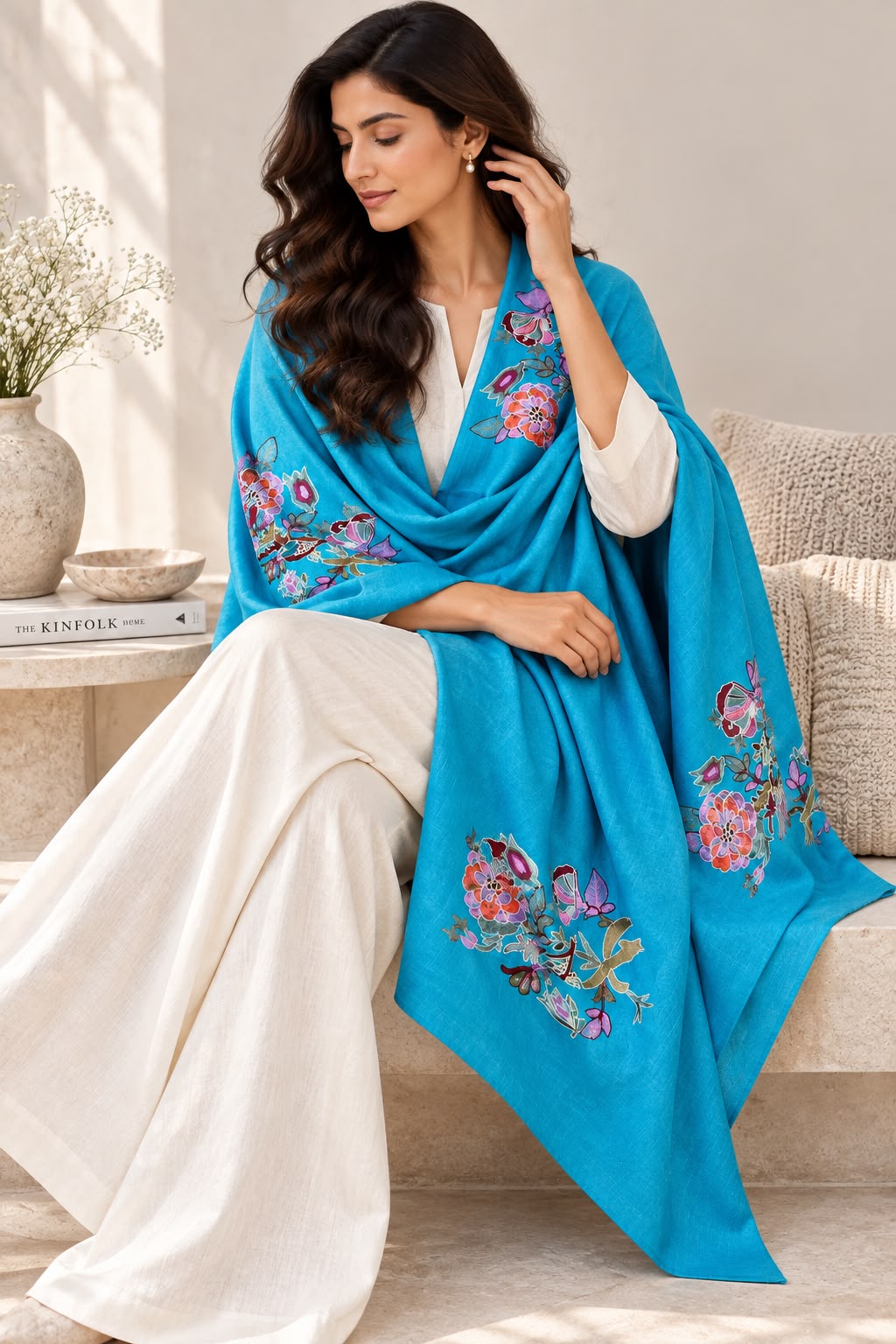 Azure Bloom Turquoise Cashmere Merino Wool Floral Embroidered Stole