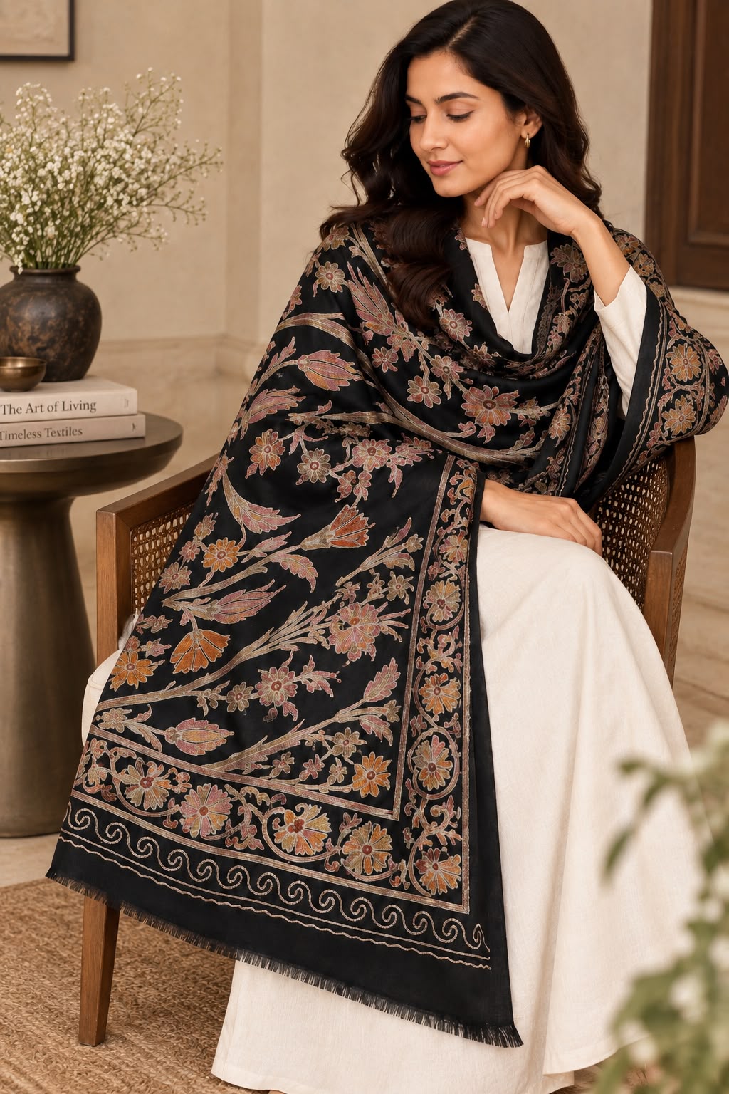 Floral Black Cashmere Merino Wool Embroidered Stole
